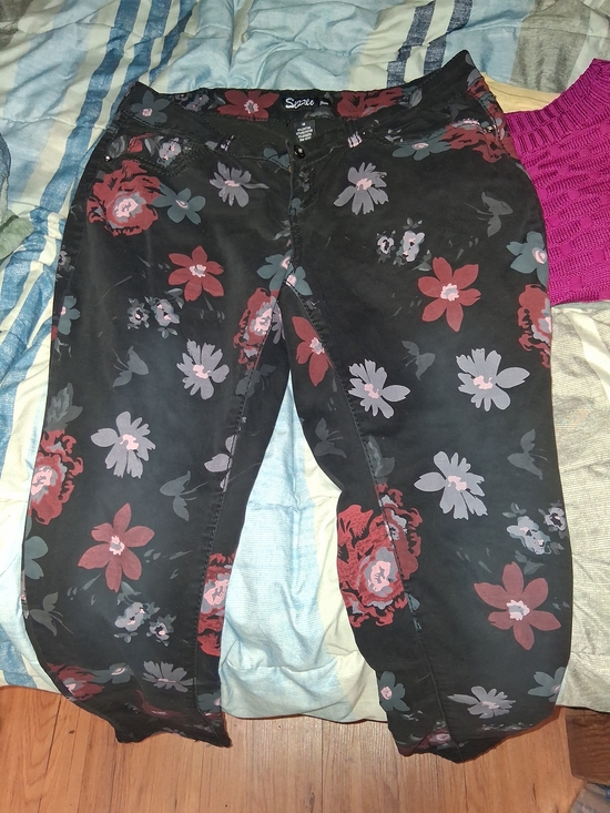 Xhilaration Pants - Xhilaration Black Floral Print Pants with Red and Lavender Blooms